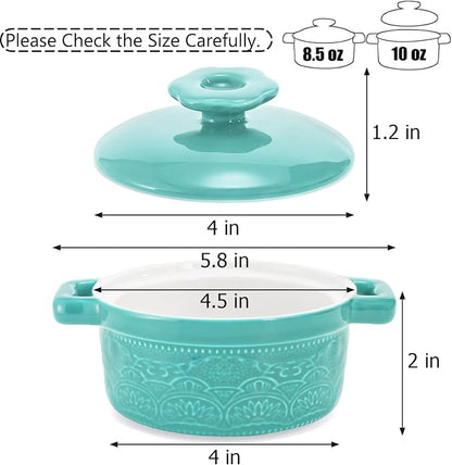 Hacaroa Set of 6 Mini Cocotte with Lid, 8 Oz Ceramic Ramekins with Handles, Small Casserole Dishes Individual Serving Pot for Baking, Soufflé, Soup, Cobbler, Oven Safe, 6 Colors