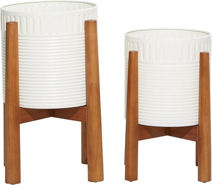 Deco 79 Metal Indoor Outdoor Planter Large Planter Pot with Removable Wood Stand, Set of 2 Planters 17", 15"H, White