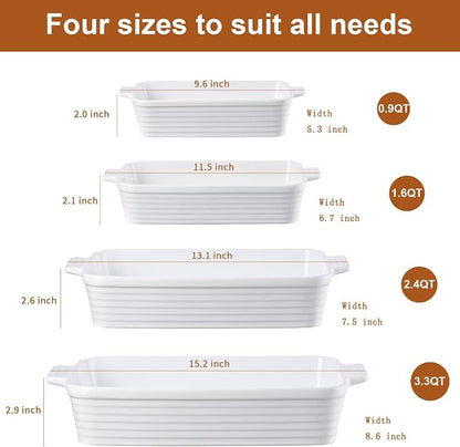 Ceramic Baking Dish Set of 4, Casserole Dishes for Oven, White | Rectangular Casserole Dishes with Handles in 3.3, 2.4, 1.6 and 0.9 QT Sizes for Lasagna, Casseroles, Sides, and Desserts