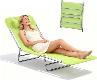 Outdoor Chaise Lounge with Detachable Pillow, Reclining Folding Chair with 5-Position Adjustable Back, Portable Tanning Chair for Beach, Pool, Lawn, Breathable Mesh Seat, No Assembly