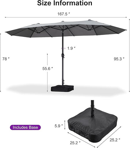 PURPLE LEAF 14ft Patio Market Umbrella with Base Double-Sided Rectangle Outdoor Table Sun Umbrellas with Crank 12 Heavy Duty Sturdy Ribs for Pool Beach Deck Backyard Light Gray