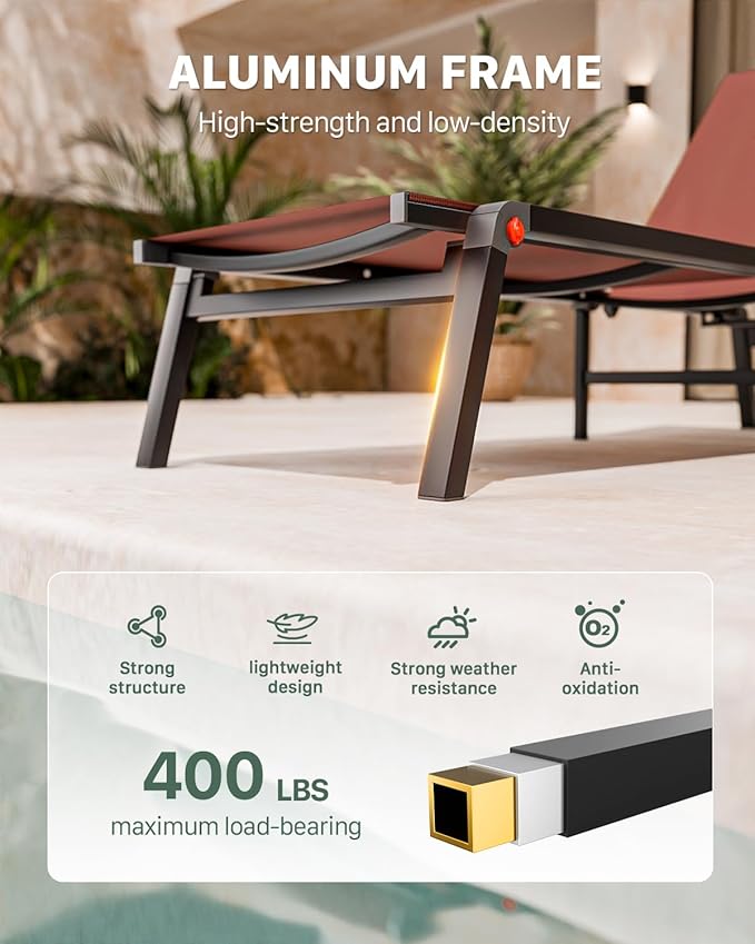 Patio Lounge Chair, Aluminum Foldable 5-Position, 1 Pack,Brown | Lightweight rustproof aluminum. Breathable quick-dry fabric. Full flat recline for sunbathing. Poolside, deck, beach, lawn.