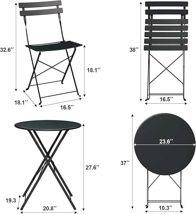 3-Piece Folding Bistro Set, Outdoor Patio Furniture Set with 2 Chairs & 1 Table, Space-Saving Foldable Balcony Garden Set with Heavy-Duty Powder-Coated Steel Frame, No Assembly Required, Black