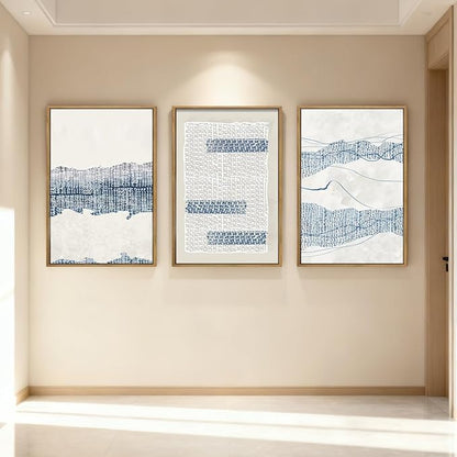 IARTTOP Large Blue Coastal Framed Wall Art 16x24 Inch White Abstract Boho Art Prints Minimalist Modern Artworks for Living Room Bedroom Dining Room Set of 3