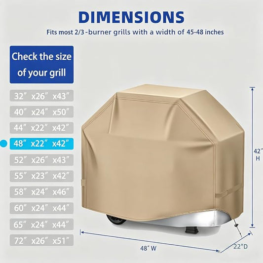 BBQ Gas Grill Cover for Outdoor, Anti-UV, Rip-Proof, 600D Oxford Fade Resistant Material, Barbecue Cover with Hook and Loop Straps & Adjustable Hem Drawstring (Beige, 48”x22”x42”)