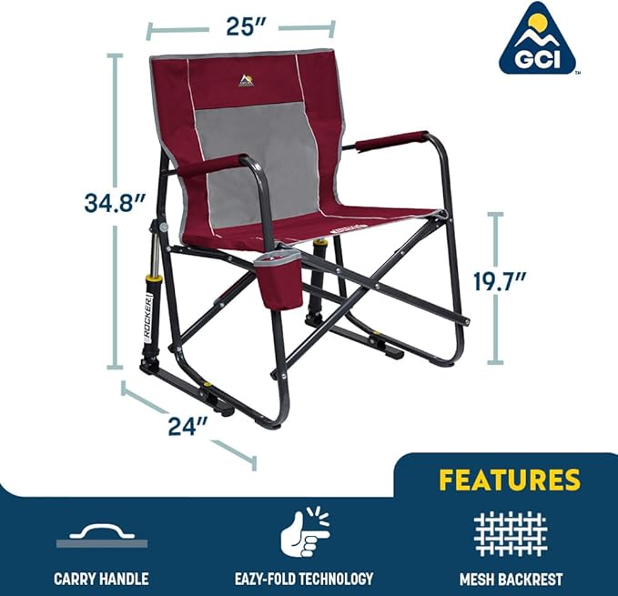 GCI Outdoor Freestyle Rocker Camping Chair | Portable Folding Rocking Chair with Solid, Durable Armrests, Drink Holder & Comfortable Backrest — Grey