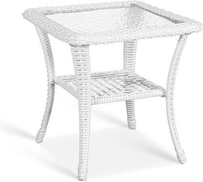 VIVIJASON Outdoor Wicker Side Table, All-Weather Rattan Patio Side Table Bistro Table with 2-Tier, Tempered Glass Top Square End Table for Indoor, Balcony, Garden, Porch, Deck, White