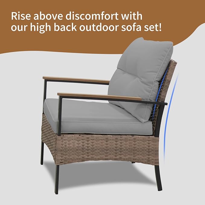 COOS BAY Sunset Haven Outdoor Patio Furniture Set, Outdoor Conversation Set, Rattan Wicker Sofa, Loveseat, 2 Patio Chairs and Coffee Table, Brown/Gray