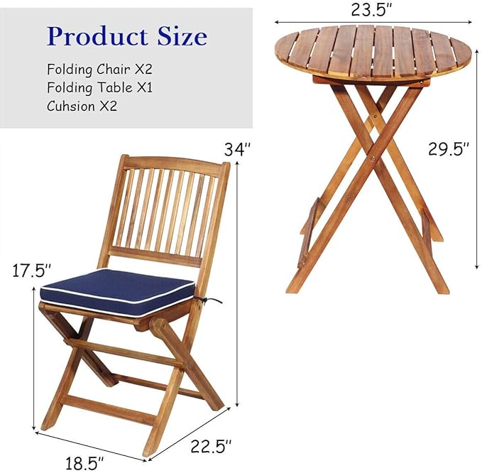 Tangkula 3 PCS Patio Folding Bistro Set, Outdoor Acacia Wood Chair and Table Set w/Padded Cushion& Round Coffee Table, Ideal for Indoor Patio Poolside Garden (Navy Blue)