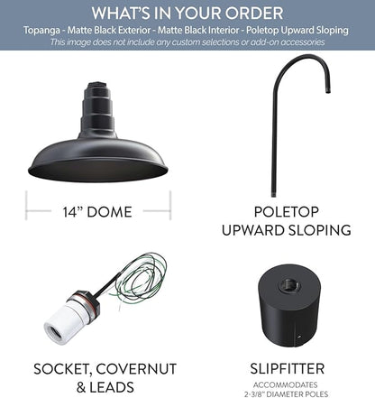 Steel Lighting Co. Topanga Barn Light | Outdoor Pole Top Mounted | 14" Dome | Upslope Gooseneck with Slip Fitter for 2-3/8" Standard Poles | Made in America | Matte Black Exterior/Matte Black Interior
