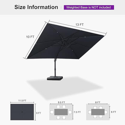 PURPLE LEAF 10' × 13' Patio Cantilever Umbrella Outdoor Rectangle Adjustable Offset Umbrellas with 360-degree Rotation and 8 Heavy Duty Metal Ribs for Garden Deck Pool Gray
