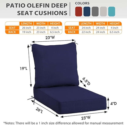 Sundale Outdoor Olefin Deep Seat Cushion Set of 2, Patio Chair Cushion and Pillow, Water-Resistant Sectional Sofa Pad with Straps Navy Blue, 23 x 26 x 4 Inches