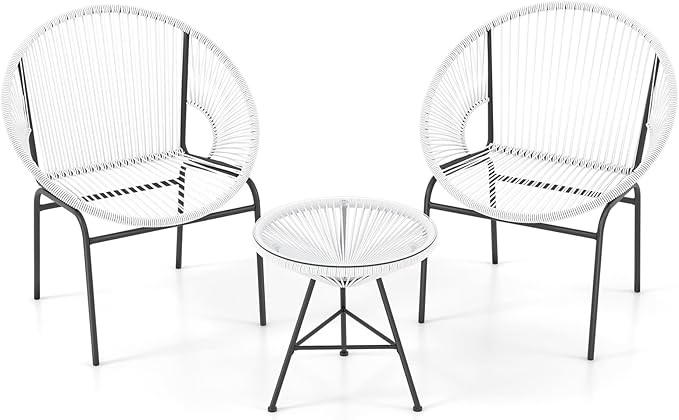 COSTWAY 3-Piece Outdoor Acapulco Chair Set, Wicker Conversation Bistro Sets with Plastic Rope, Glass Top Table, Patio Rattan Furniture Set for Garden, Balcony, Lawn, Backyard, Apartment, White