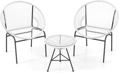 COSTWAY 3-Piece Outdoor Acapulco Chair Set, Wicker Conversation Bistro Sets with Plastic Rope, Glass Top Table, Patio Rattan Furniture Set for Garden, Balcony, Lawn, Backyard, Apartment, White