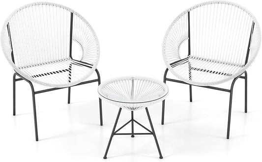 COSTWAY 3-Piece Outdoor Acapulco Chair Set, Wicker Conversation Bistro Sets with Plastic Rope, Glass Top Table, Patio Rattan Furniture Set for Garden, Balcony, Lawn, Backyard, Apartment, White