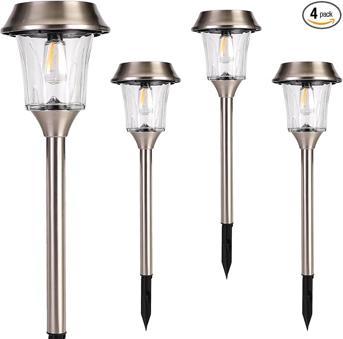 Solar Pathway Lights Outdoor Waterproof, 4 Pack Glass & Stainless Steel Landscape Lighting, Dual Brightness 12/25 Lumens Warm White, Auto On/Off IP65 Solar Powered LED Lights for Yard, Porch, Garden