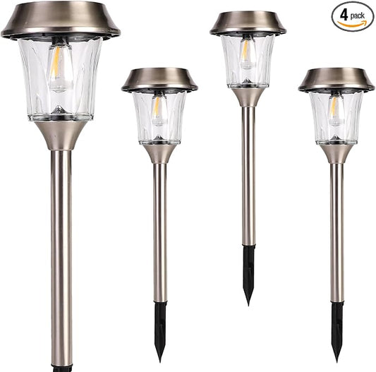 Solar Pathway Lights Outdoor Waterproof, 4 Pack Glass & Stainless Steel Landscape Lighting, Dual Brightness 12/25 Lumens Warm White, Auto On/Off IP65 Solar Powered LED Lights for Yard, Porch, Garden