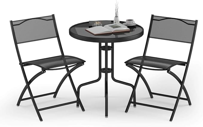 Giantex 3 Pcs Bistro Set Garden Backyard Round Table Folding Chairs, with Rust-Proof Steel Frames & Reinforced Glass Design Outdoor Patio Furniture, Black