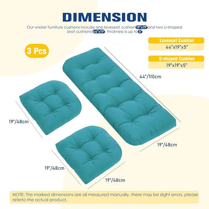 Patio Furniture Cushions Outdoor, Waterproof Wicker Chair Cushions Set of 3, 1 Loveseat & 2 Seat Pads, Thick Outdoor Replacement Cushions for Porch Lawn Bench Couch Sofa Swing, Lake Blue
