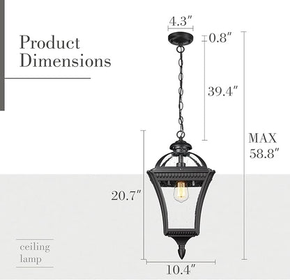 Emliviar Farmhouse Outdoor Pendant Light for Porch, 21" Industrial Large Hanging Lantern Light for Outside Patio with Seeded Glass, Black Finish, XE266H BK