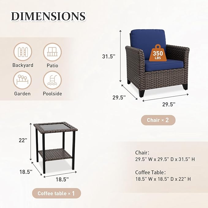 Canyon Ridge 3 Piece Outdoor Patio Bistro Set with Patio Chairs and Side Table, Outdoor Furniture Set, Brown/Blue