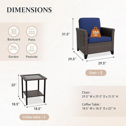 Canyon Ridge 3 Piece Outdoor Patio Bistro Set with Patio Chairs and Side Table, Outdoor Furniture Set, Brown/Blue