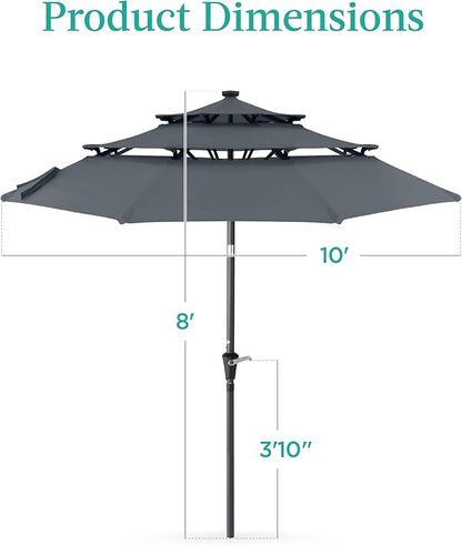 Best Choice Products 10ft 3-Tier Solar Patio Umbrella, Outdoor Market Sun Shade for Backyard, Deck, Poolside w/ 24 LED Lights, Tilt Adjustment, Easy Crank, 8 Ribs - Slate