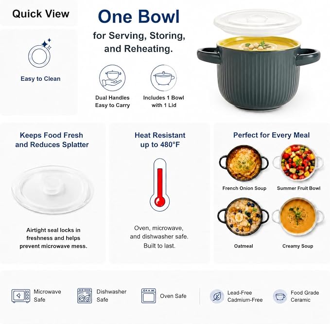 Ceramic Soup Bowl with Handles and Lid, 24 oz French Onion Soup Crock, Oven Safe Bowl for Soup, Chili, Ramen, Pasta and Cereal, Microwave Dishwasher Safe - Gray&Yellow