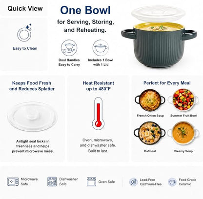 Ceramic Soup Bowl with Handles and Lid, 24 oz French Onion Soup Crock, Oven Safe Bowl for Soup, Chili, Ramen, Pasta and Cereal, Microwave Dishwasher Safe - Gray&Yellow