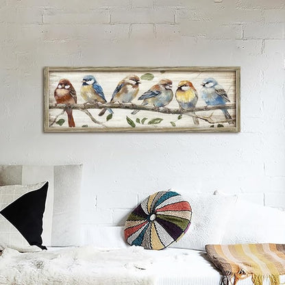 Colorful Bird Wooden Wall Art: Rustic Chickadee Framed Painting Vintage Cute Sparrow Picture Bluebird on Branch Prints Countryside Artwork Decor for Living Room Bedroom Farmhouse