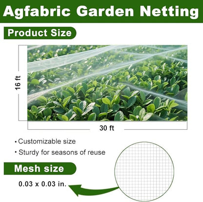Agfabric Garden Netting 16'x30' Insect Pest Barrier Bird Netting for Garden Protection,Row Cover Mesh Netting for Vegetables Fruit Trees and Plants,White