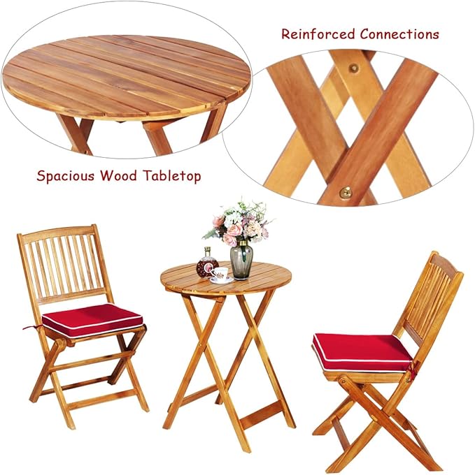 Tangkula 3 PCS Patio Folding Bistro Set, Outdoor Acacia Wood Chair and Table Set w/Padded Cushion& Round Coffee Table, Ideal for Indoor Patio Poolside Garden (Red)