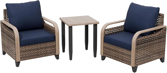 Modern Wicker Bistro Table and Chairs Set, Rattan Outdoor Bistro Set for Patio, Wicker Patio Chairs & Table, 3 Pieces, Brown/Blue
