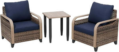 Modern Wicker Bistro Table and Chairs Set, Rattan Outdoor Bistro Set for Patio, Wicker Patio Chairs & Table, 3 Pieces, Brown/Blue