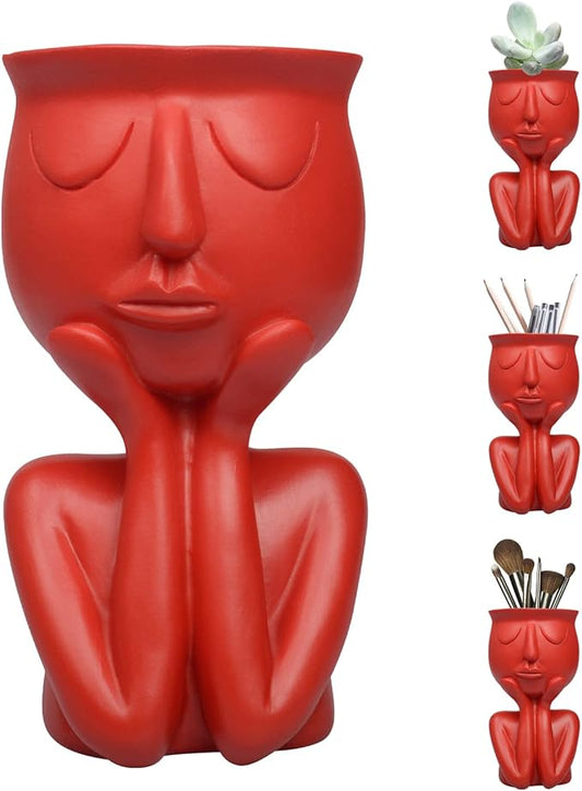 Simple and Creative Decorative Flower Pots, Resin Face Planter Pots, Vase for Small Succulent, Flower Pot Pencil Pen Holder, Minimalist Decorative, Modern Vases for Home Office Shelf Decor (Red)