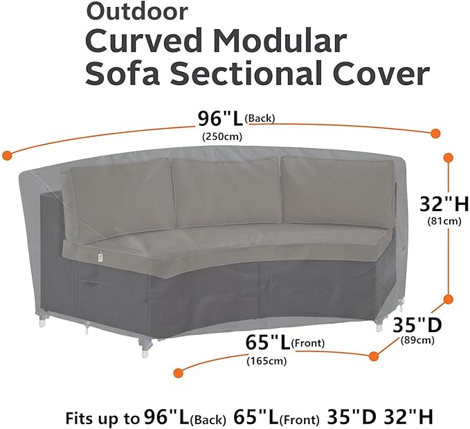 Curved Patio Furniture Cover for Outdoor Sectional Sofa, 96"(65") Reinforced Waterproof 600D Patio Sectional Couch Cover, Lawn Outside Garden Furniture Winter Protective Cover