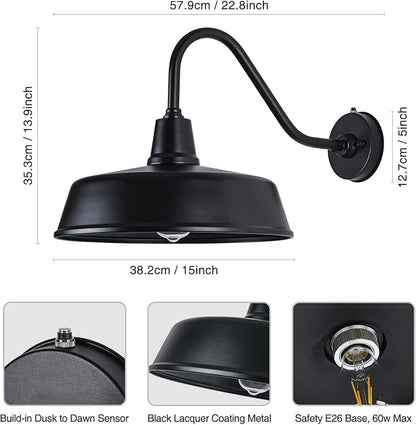 15" Barn Lights Outdoor Gooseneck Lighting, Dusk to Dawn Black Exterior Barn Lights for House, Farmhouse Wall Lighting Fixtures with Sensor for Porch Garage (2, 15" Diameter)
