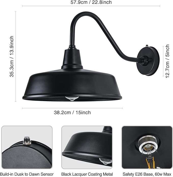 Barn Lights Outdoor Gooseneck - 15" Black Dusk to Dawn Exterior Barn Lights for House, Farmhouse Wall Lighting Fixtures with Photocell for Porch Garage (15" Diameter, 1pc)