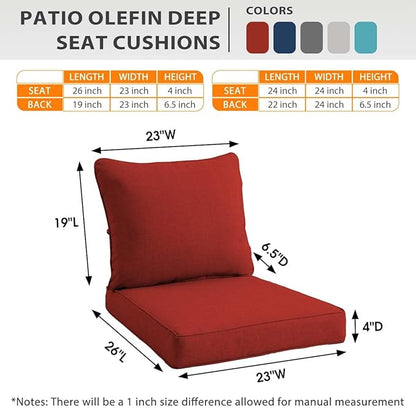 Sundale Outdoor Olefin Deep Seat Cushion Set of 2, Patio Chair Cushion and Pillow, Water-Resistant Sectional Sofa Pad with Straps Red, 23 x 26 x 4 Inches