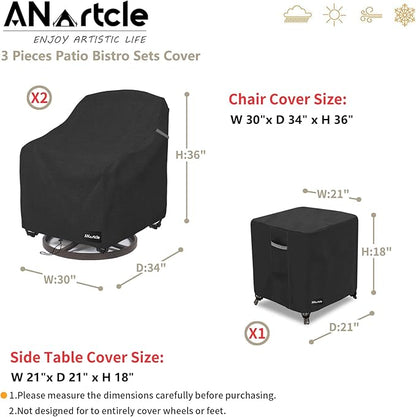 3 Pieces Patio Bistro Sets Cover,600D Waterproof Heavy Duty Patio Furniture Covers,Includes 2 Outdoor Swivel Chair Covers and 1 Patio Wicker Side Table Cover(Black)