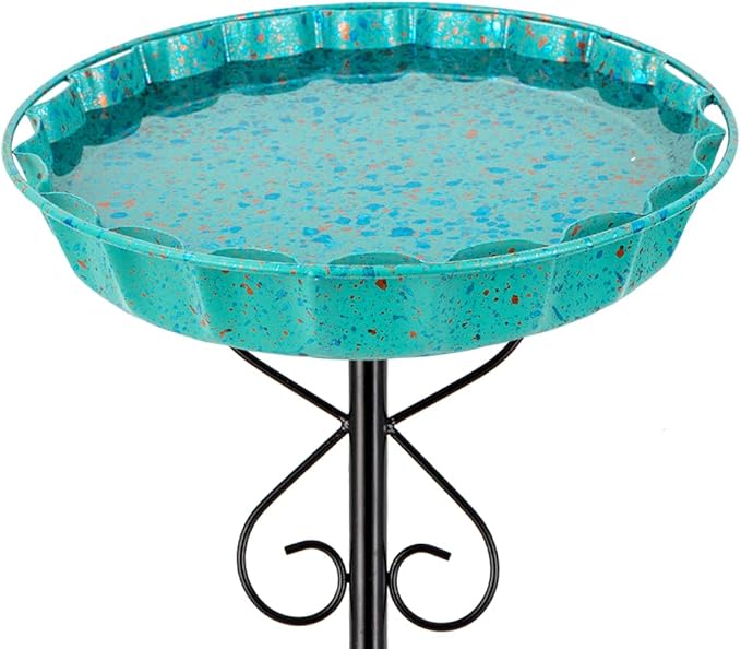 Metal Bird Bath for Outside,Cyan Bird Baths & Feeder with Hummingbird Pattern Metal Disc 5-Pronged Base Stakes for Outdoors,Birdbath for Garden,Patio,Lawn Decor