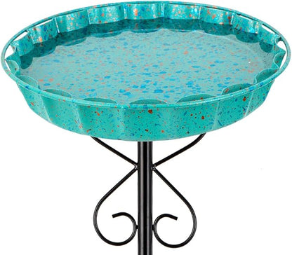 Metal Bird Bath for Outside,Cyan Bird Baths & Feeder with Hummingbird Pattern Metal Disc 5-Pronged Base Stakes for Outdoors,Birdbath for Garden,Patio,Lawn Decor