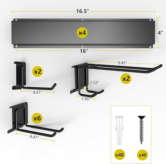 66" Garage Tool Organizer Wall Mount, 720lbs Tool Storage Organizer with Adjustable Sliding Hooks, Heavy Duty & Anti-Rust Garden Tools Storage Rack for Hanging Rake Broom/Mower/Snowboard