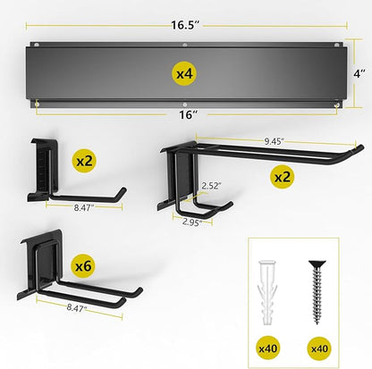 66" Garage Tool Organizer Wall Mount, 720lbs Tool Storage Organizer with Adjustable Sliding Hooks, Heavy Duty & Anti-Rust Garden Tools Storage Rack for Hanging Rake Broom/Mower/Snowboard