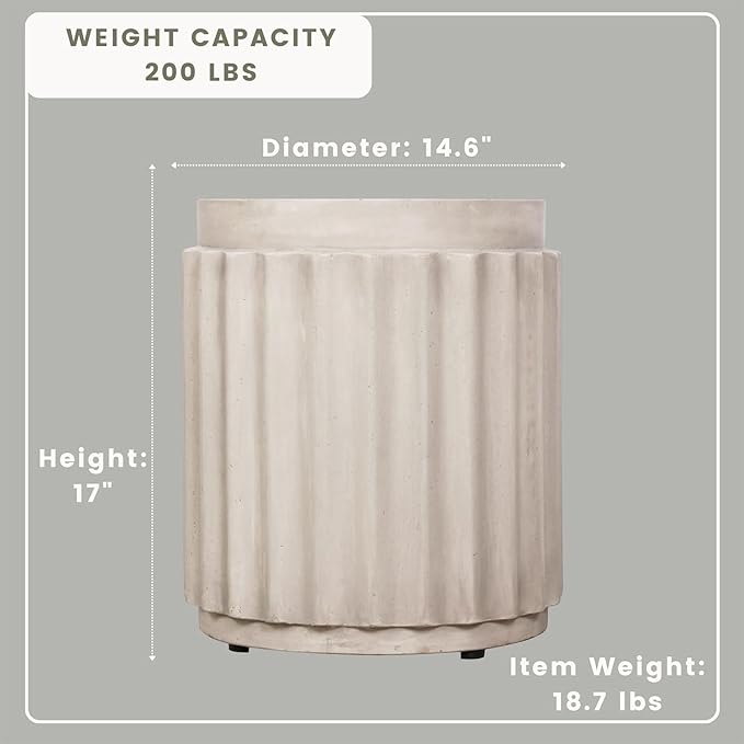 Afterglow Terrafab Material Outdoor Round Side Table, Natural Decorative Garden Stools, Unique End Table for Living Room Bedroom Patio Home Decor,Off-White