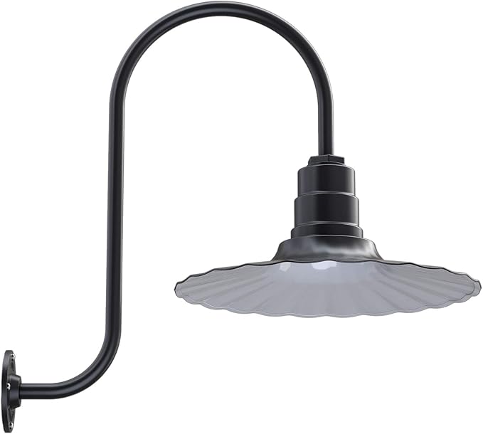 Steel Lighting Co. Highland Park Barn Light | Outdoor Wall Mounted | 16 inch Radial Wave | Upslope Gooseneck | Vintage Style Made in America | Matte Black Exterior/White Interior