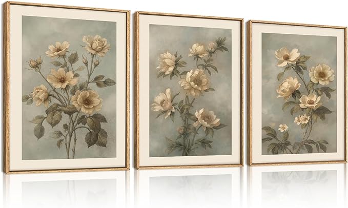 KAIRNE Vintage Botanical Flower Framed Canvas Wall Art Set,Boho Green Beige Floral Wall Decor,Rustic Wildflower Art Prints,Modern Minimalist Artwork for Living Room,Bedroom,Farmhouse,Office-12 x16 x3
