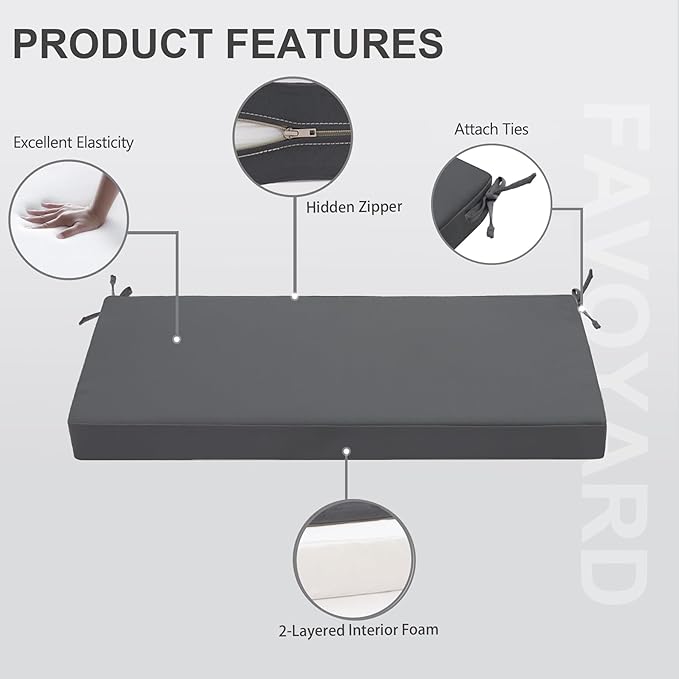 Favoyard Outdoor Bench Cushion 42 x 18 Inch Waterproof Patio Furniture Cushions 3-Year Color Fastness Garden Sofa Settee Couch Swing Pads with Handle and Attach Ties, Dark Gray