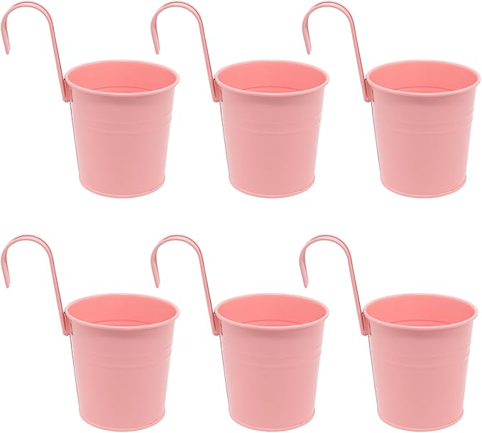 6 Pcs Hanging Flower Pots with Detachable Hooks,Metal Iron Bucket Planter for Railing,Fence,Balcony Garden Decor,4INCH,Pink