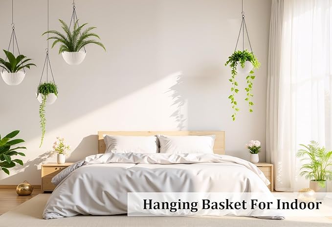 Hanging Planters for Indoor Outdoor Plants 8 and 10 Inch, 4 Packs Plant Hanger with Drainage Holes, Hanging Basket Flower Pot Perfect for Home, Office and Garden,White